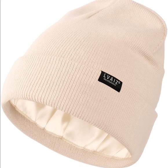 BEIGE UNISEX SATIN LINED (winter) BEANIE HAT (BRAND NEW) - Picture 3 of 5
